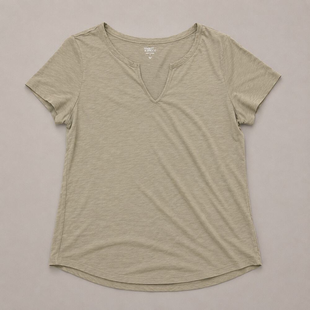 Market & Spruce Olive Slub Knit Notch Neck Tee Short Sleeve Top Size Medium